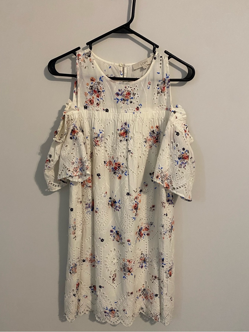 LOFT Cream Cold-Shoulder Eyelet Floral Mini Dress